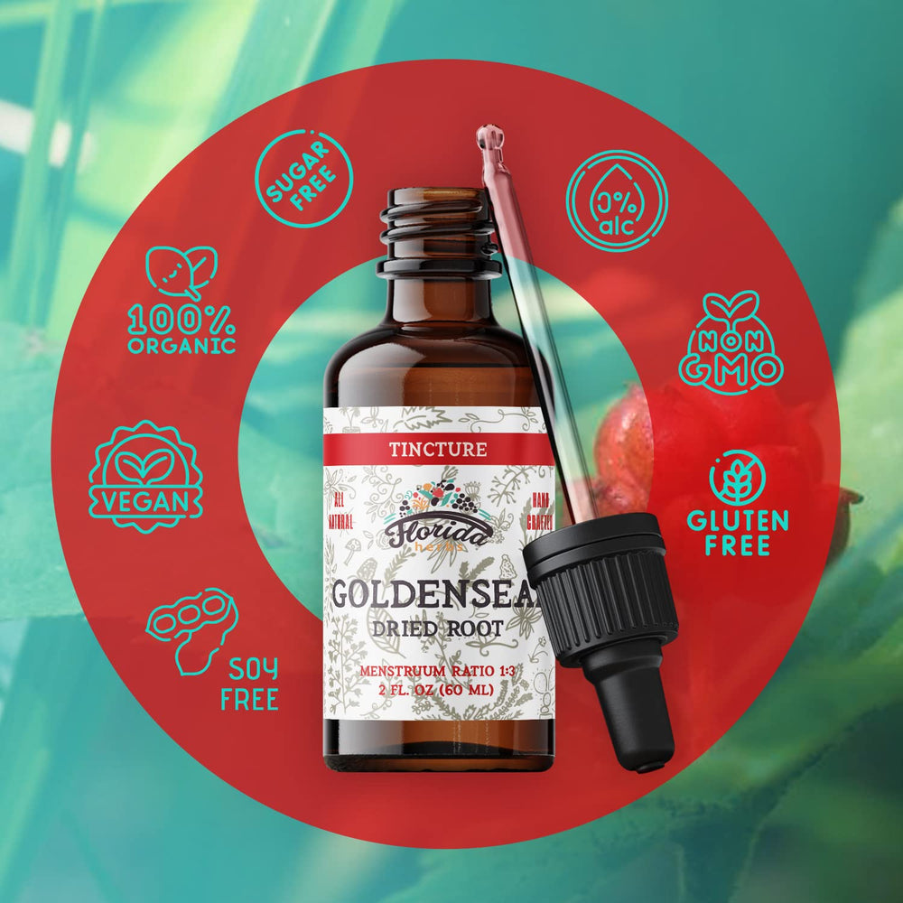 Florida Herbs Goldenseal tincture bottle on kitchen counter, USA-made