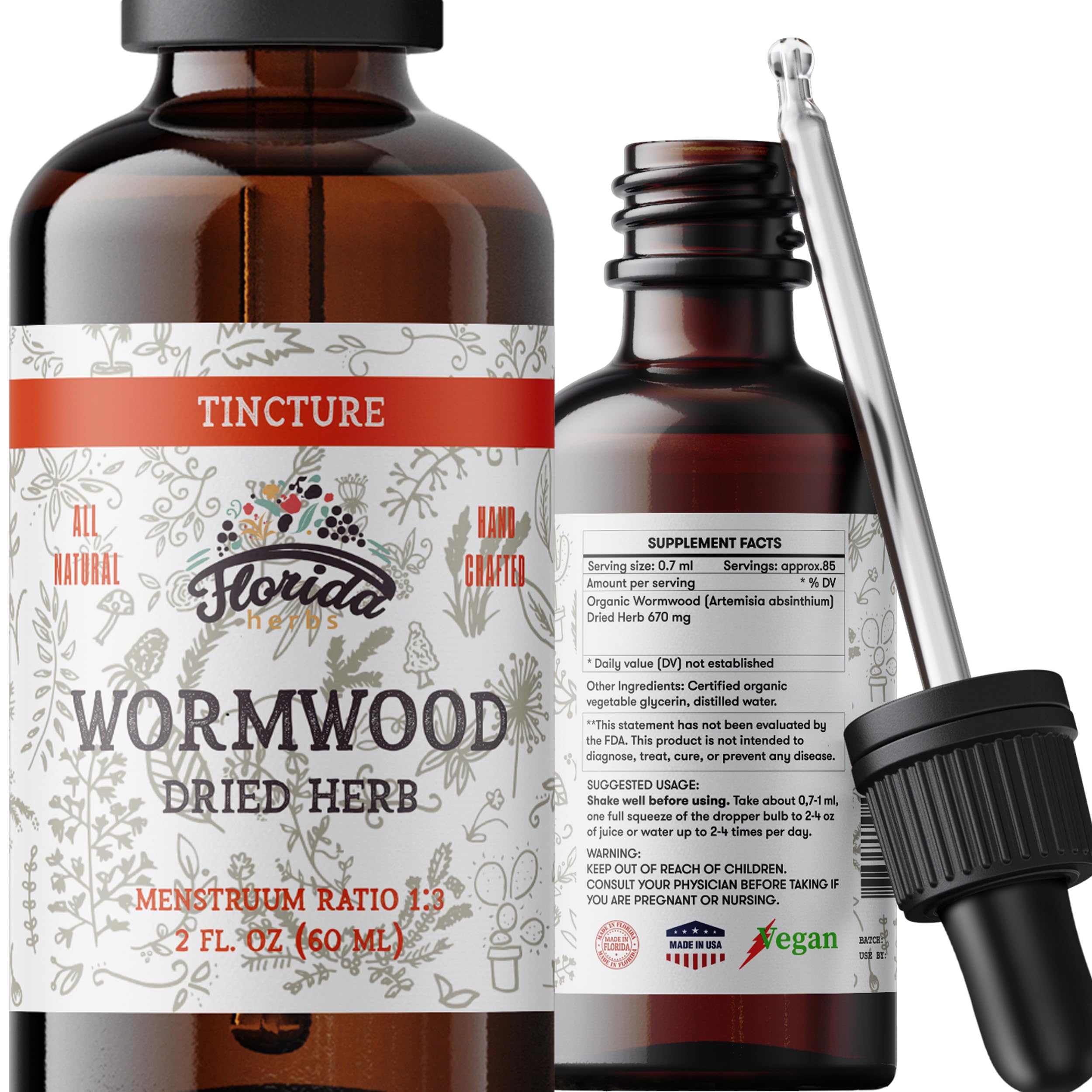 Florida Herbs Wormwood tincture bottle on display showing pure organic extract for daily balance.