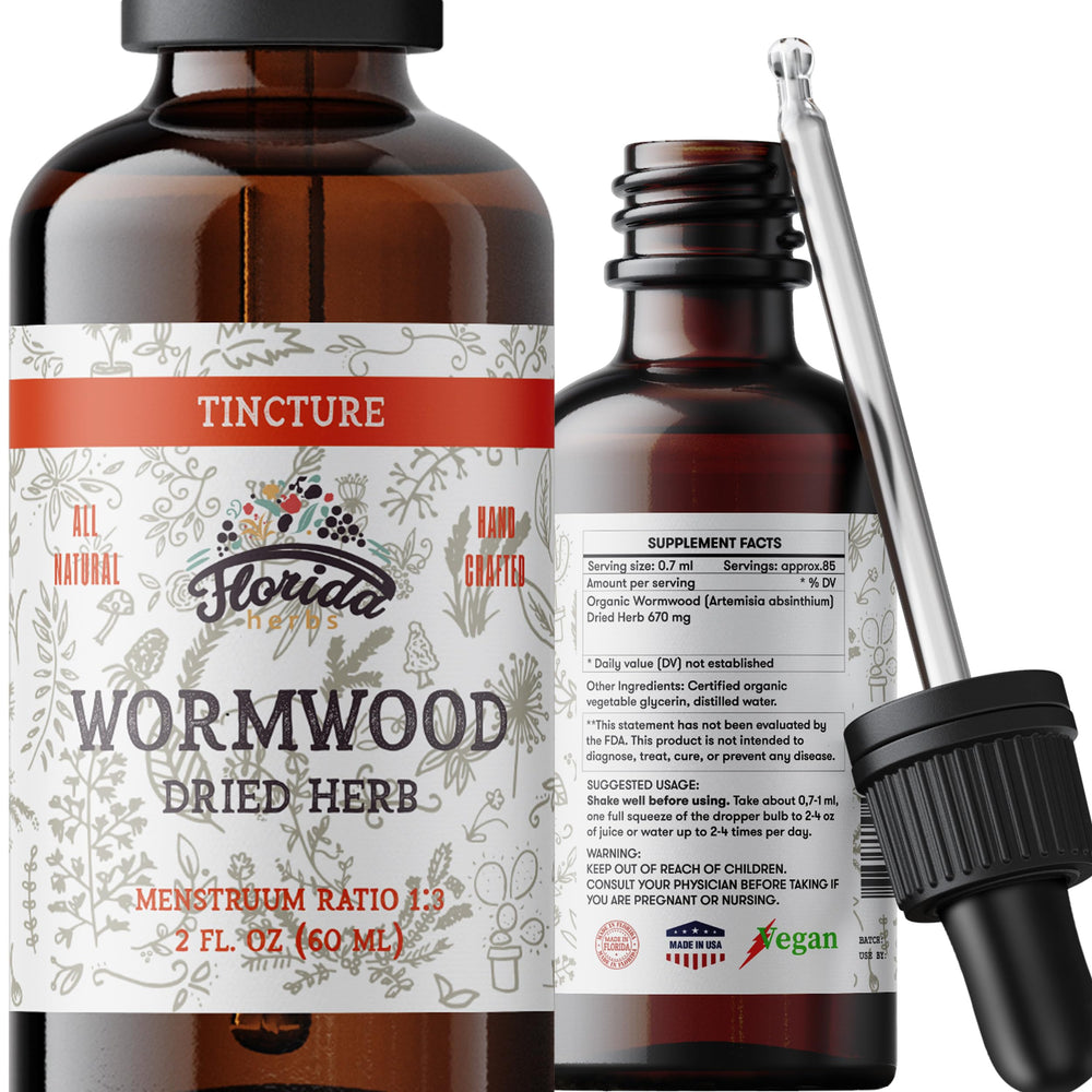 Florida Herbs Wormwood tincture bottle on display showing pure organic extract for daily balance.