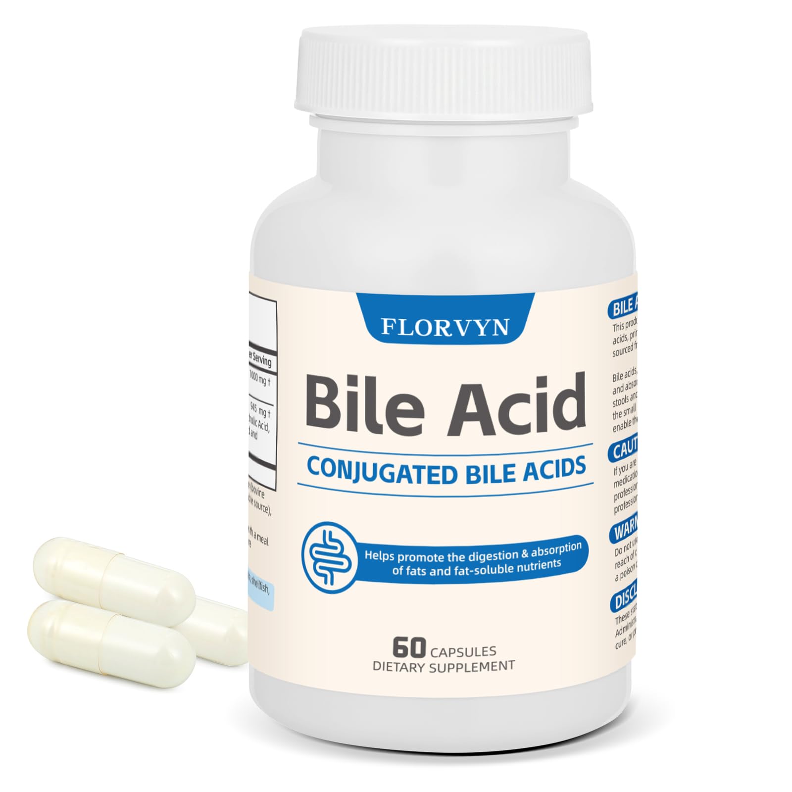 Florvyn conjugated bile acid supplement bottle close-up highlighting fat digestion support