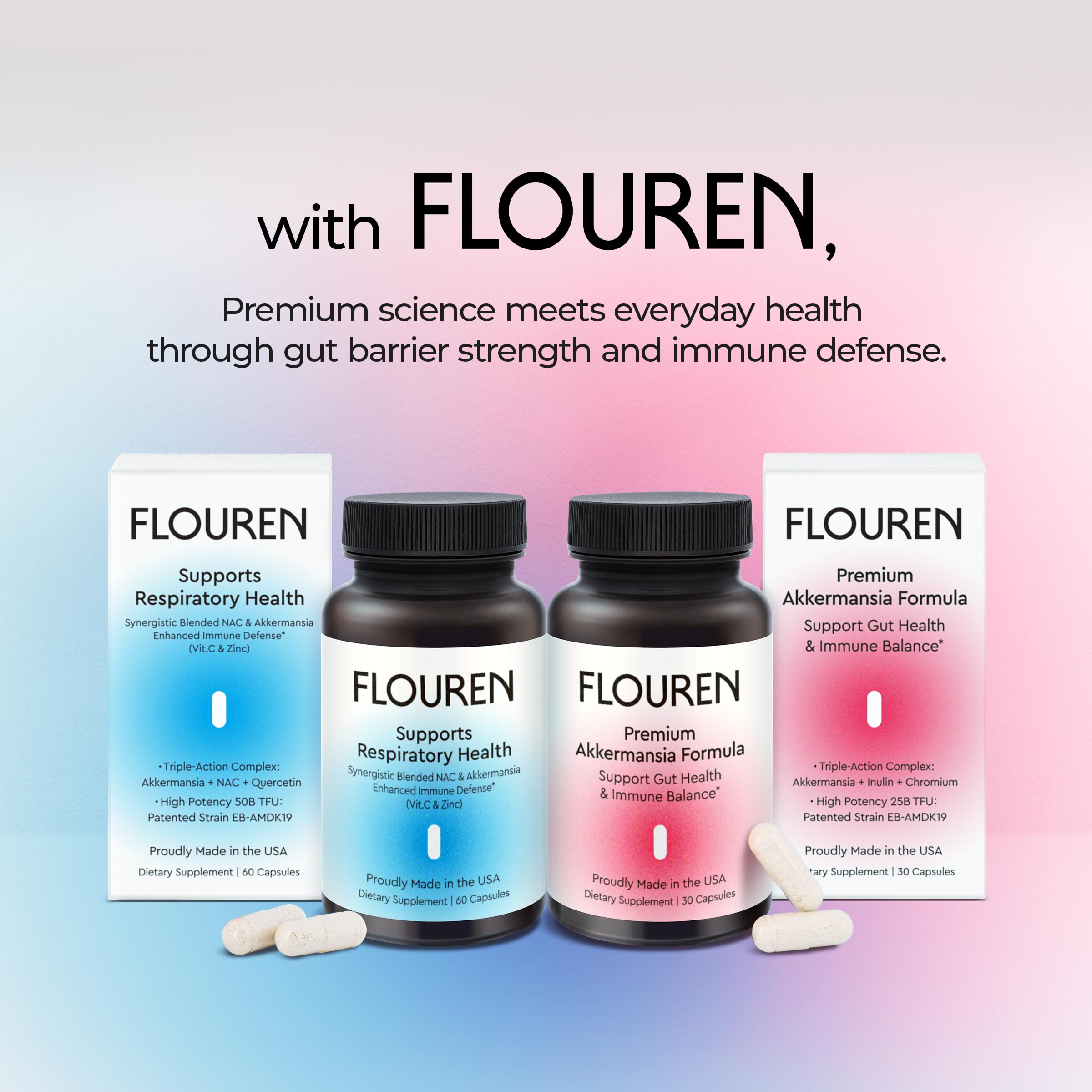 FLOUREN probiotic capsules closeup showcases high-potency postbiotic capsules for digestive comfort.