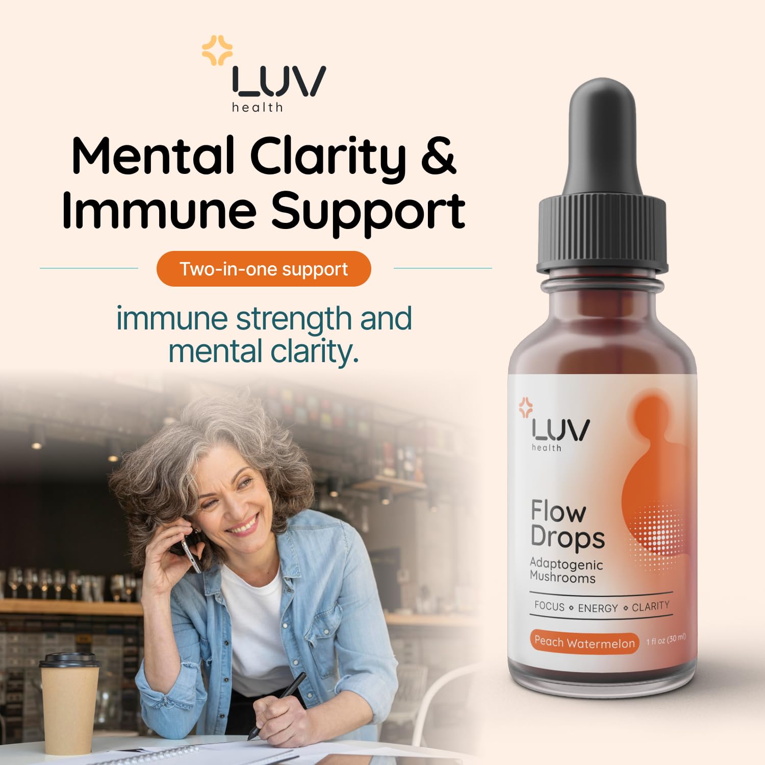 Flow Drops LUV bottle showing immune-support mushrooms like Chaga and Turkey Tail.