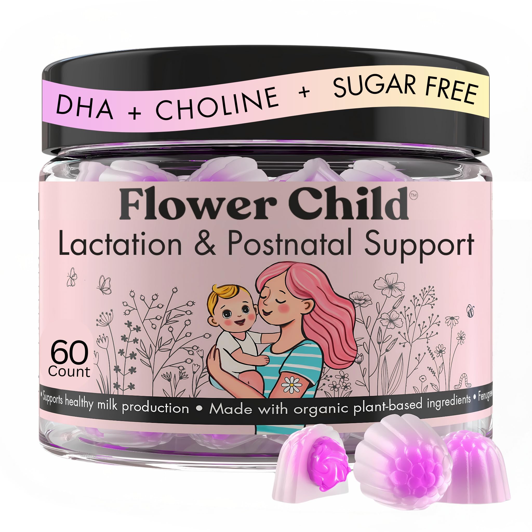 Flower Child breastfeeding gummies bottle promotes lactation support for moms
