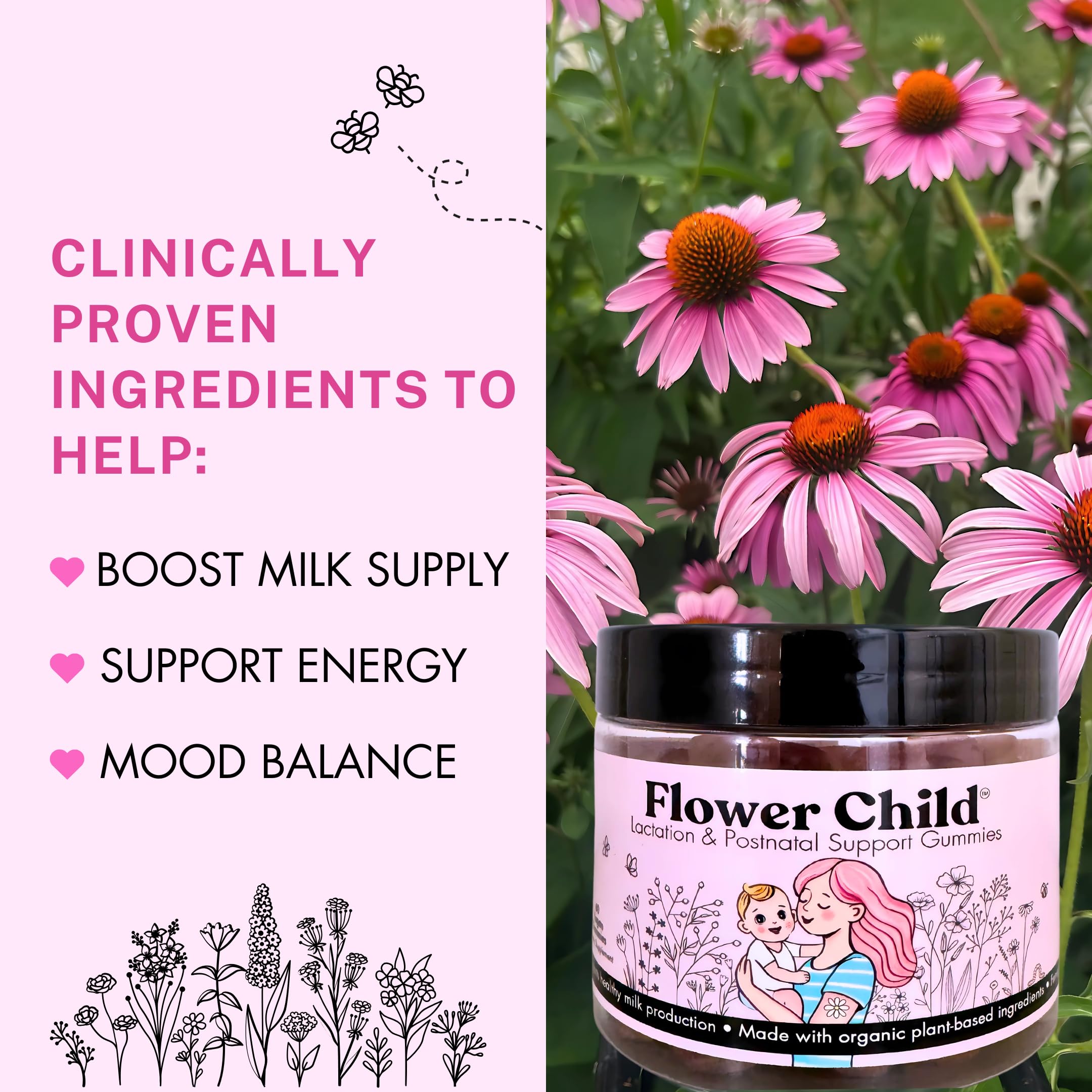 Flower Child gummies closeup highlights vegan lactation formula for mom and baby