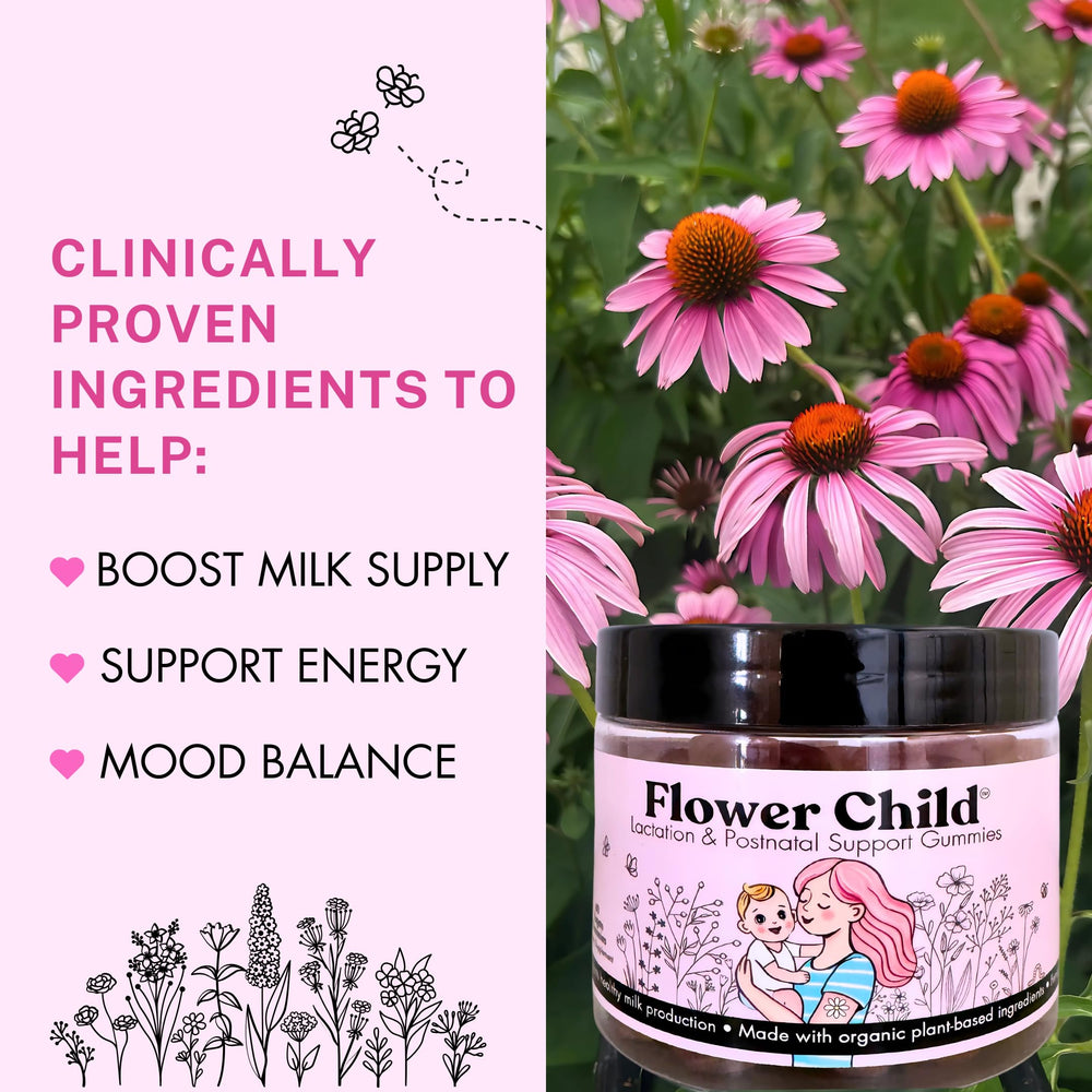Flower Child gummies closeup highlights vegan lactation formula for mom and baby