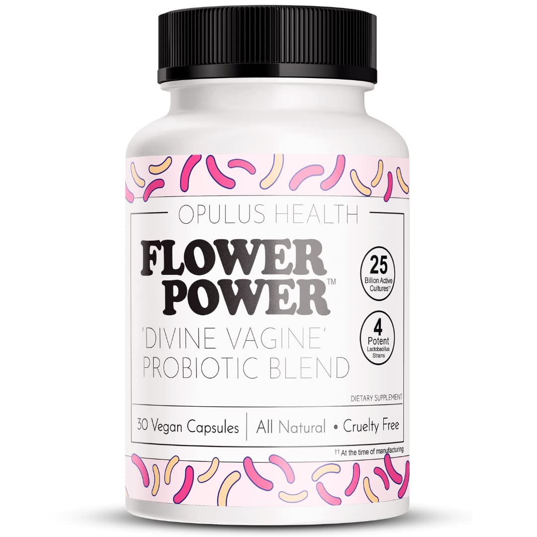 Flower Power Divine Vagine bottle shows the probiotic blend for daily vaginal health support.