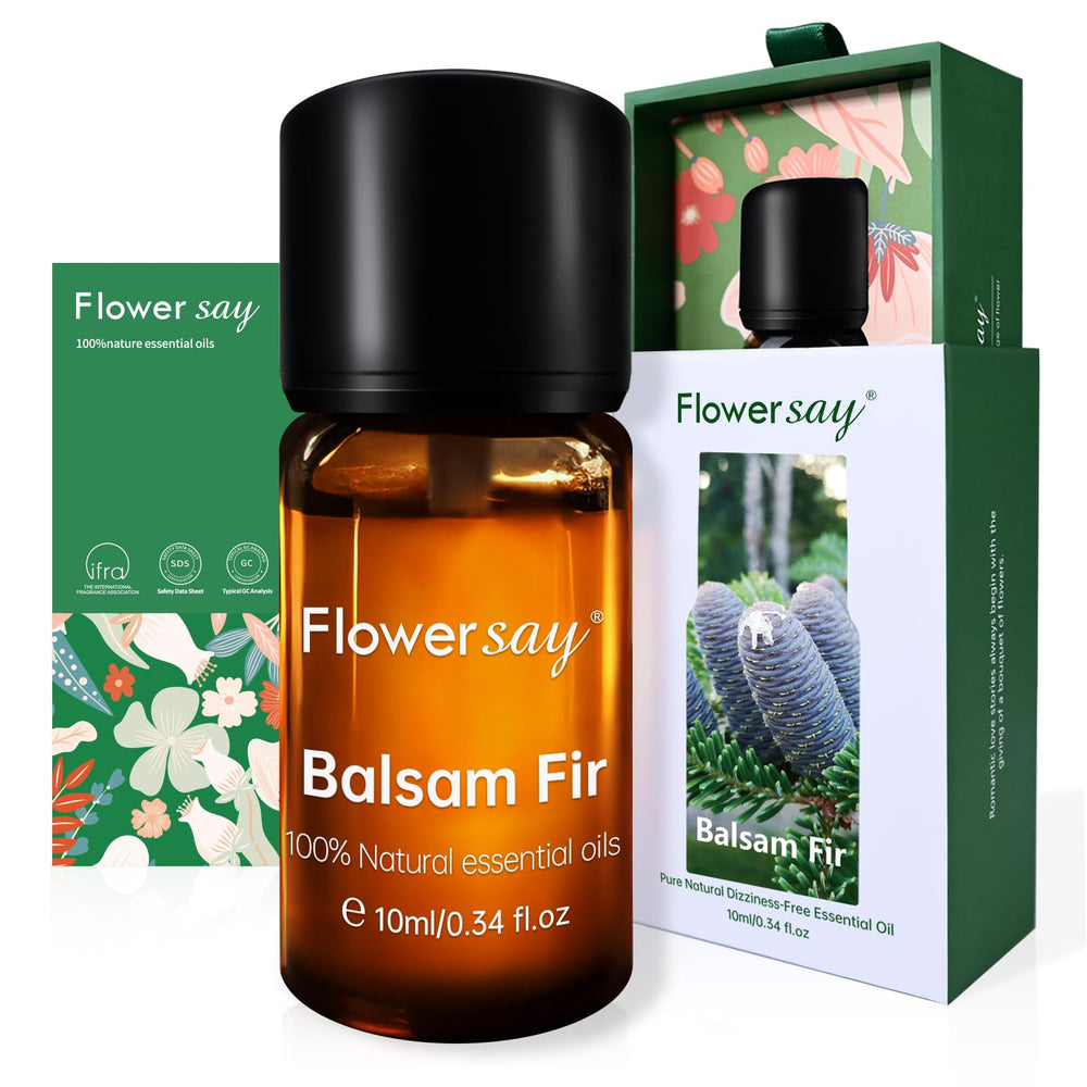 FLOWERSAY balsam fir essential oil bottle for diffusion, creating a fresh evergreen ambiance