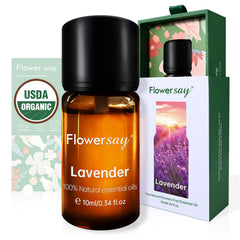 FLOWERSAY Organic Lavender Oil bottle delivering calming aroma for relaxation.