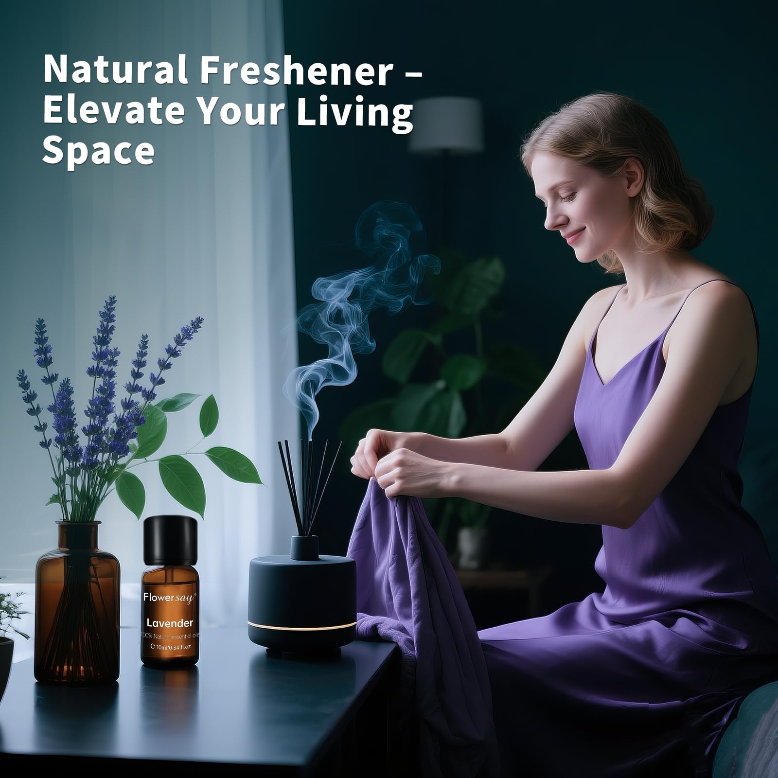 FLOWERSAY Lavender Oil in linen spray for fresh, calming fabrics.