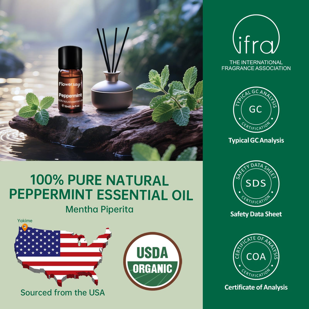 FLOWERSAY Peppermint Oil in diffuser creates a crisp, energizing space.