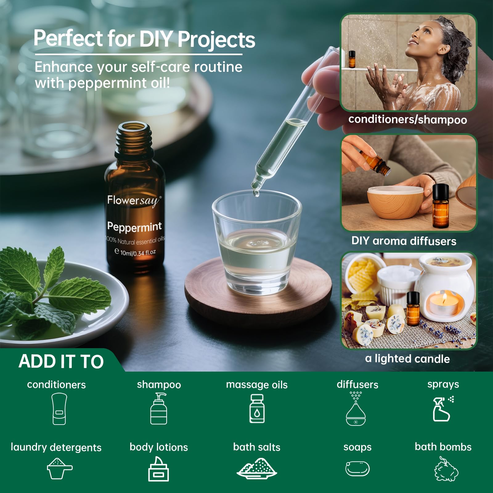 FLOWERSAY Peppermint Oil for DIY candles and beauty blends enhances aroma.