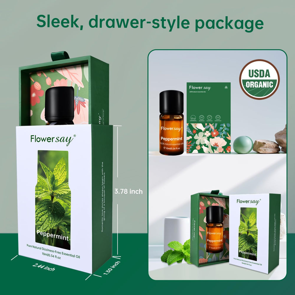 FLOWERSAY Packaging label shows Organic certification and carbon-neutral sourcing.