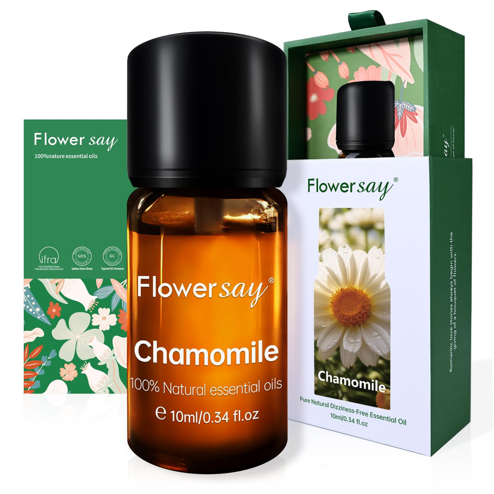 FLOWERSAY Roman Chamomile oil bottle in amber glass for calming diffusions.