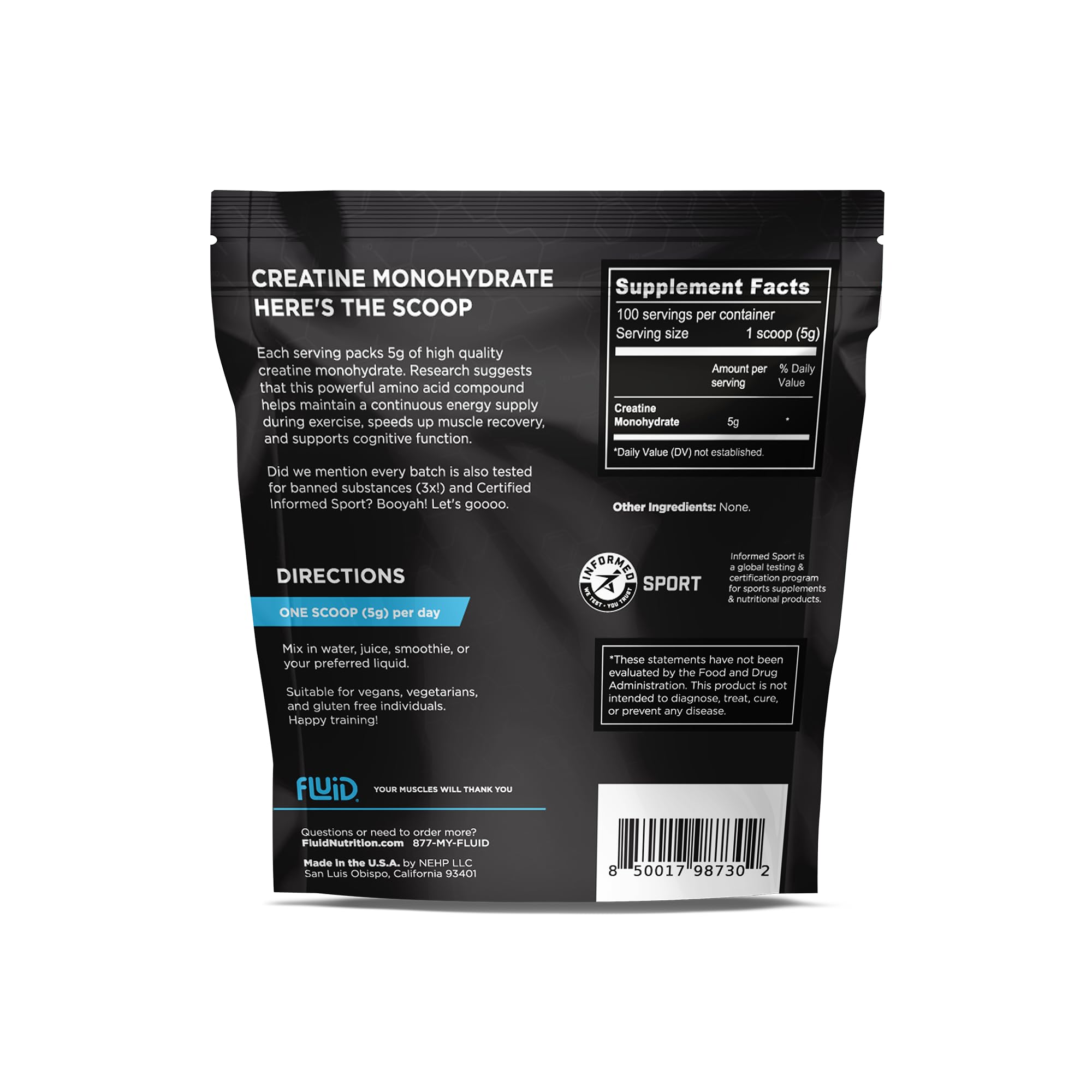Fluid Creatine 100-serving bulk pouch, convenient for ongoing training routines.