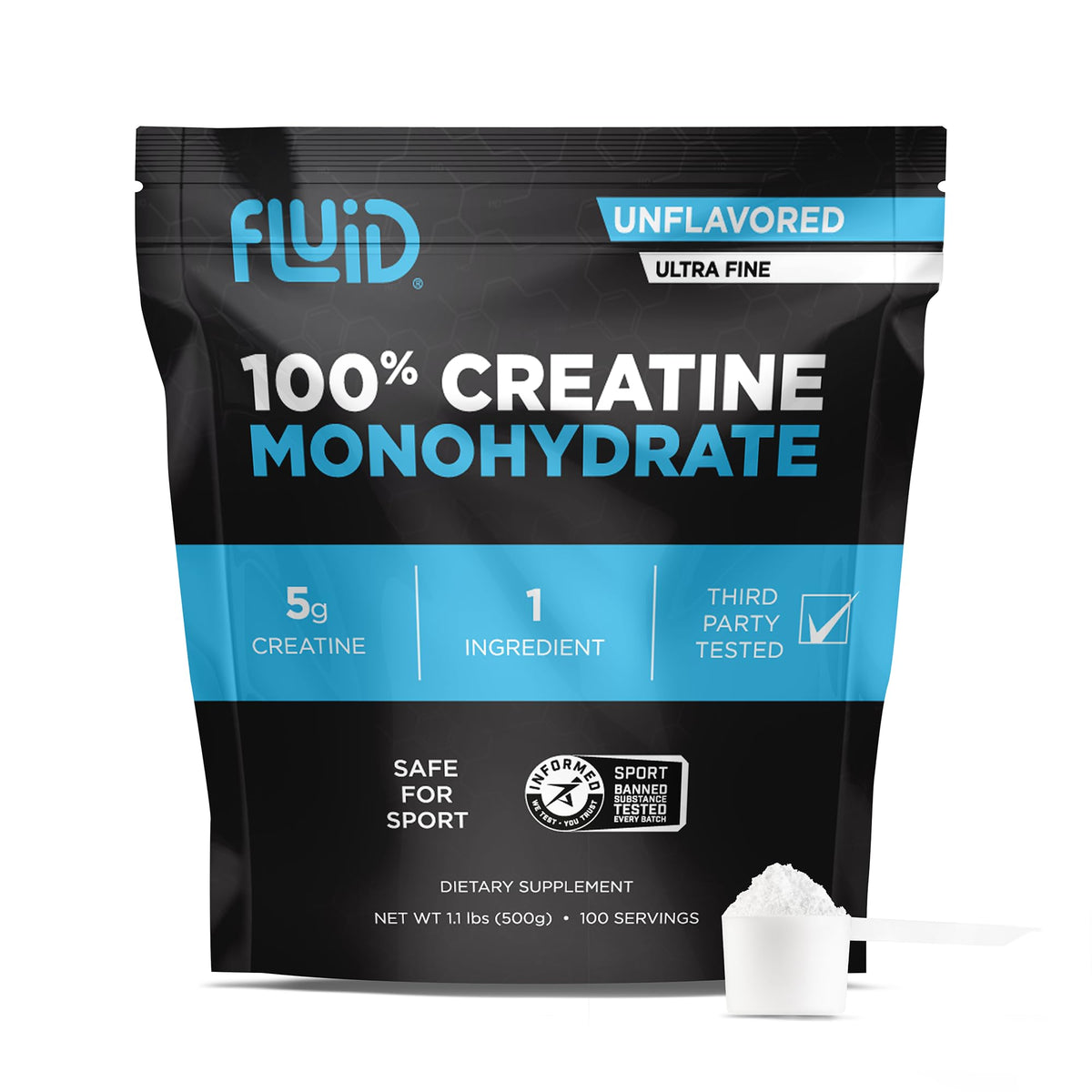 Fluid Creatine unflavored powder in a jar, easy to dissolve in beverages for daily use.