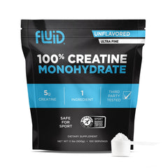 Fluid Creatine unflavored powder in a jar, easy to dissolve in beverages for daily use.
