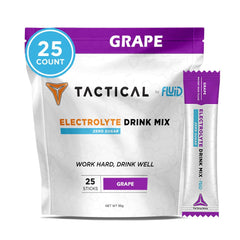 Fluid Tactical zero sugar grape electrolyte packets in travel box for on-the-go hydration