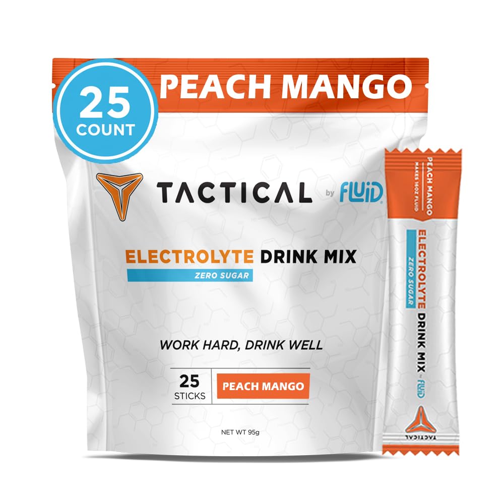 Fluid Tactical zero sugar powder Peach Mango packaging for on-the-go hydration.