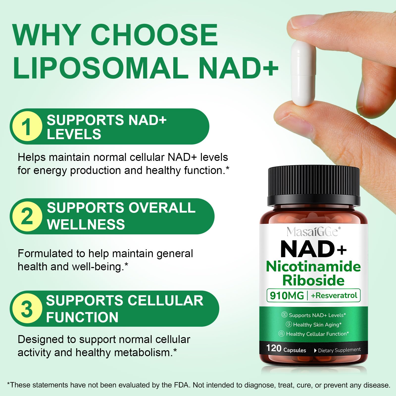 FLWJLKB NAD supplement ingredients close-up with capsules.