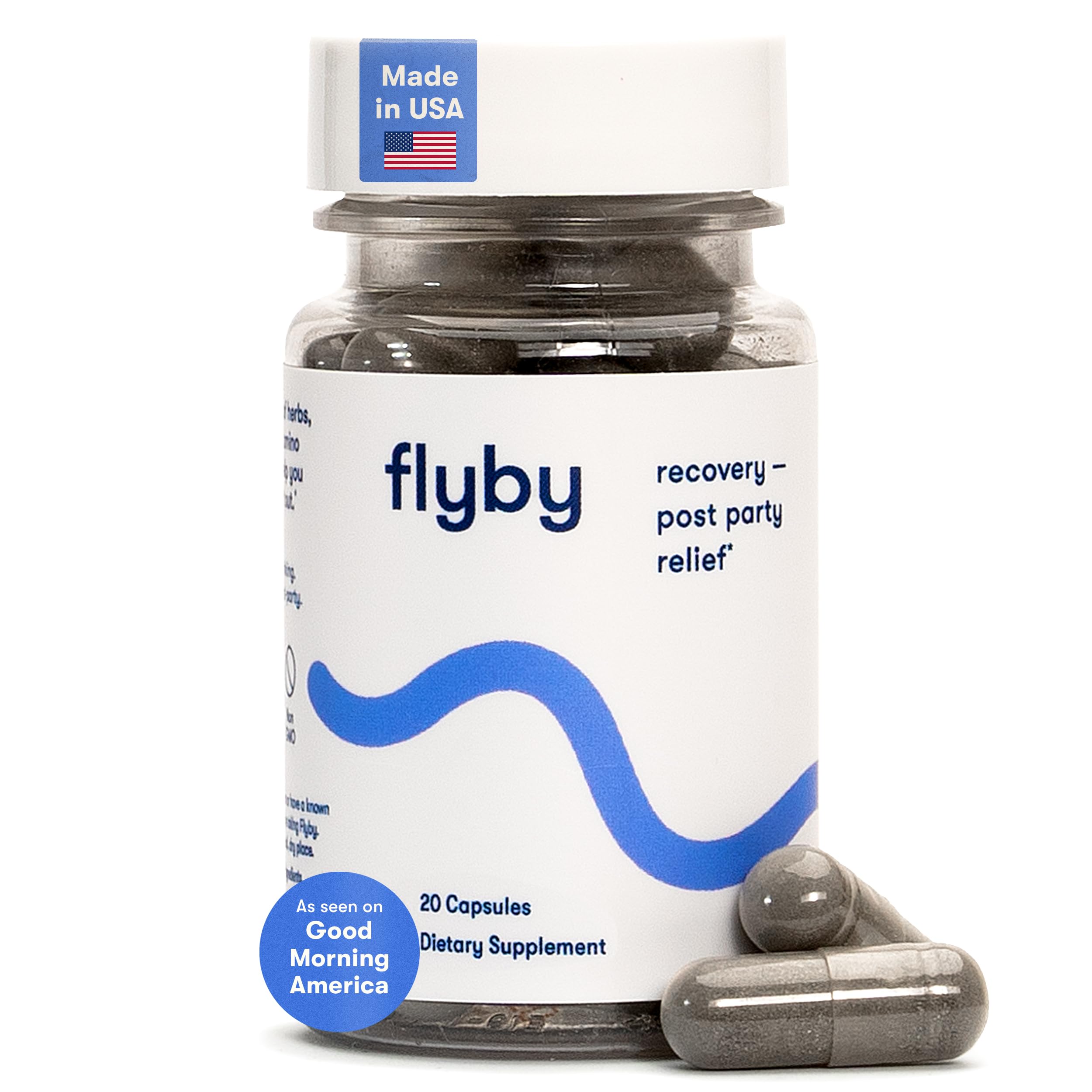 Flyby front packaging showing supplement bottle and branding, highlights travel readiness