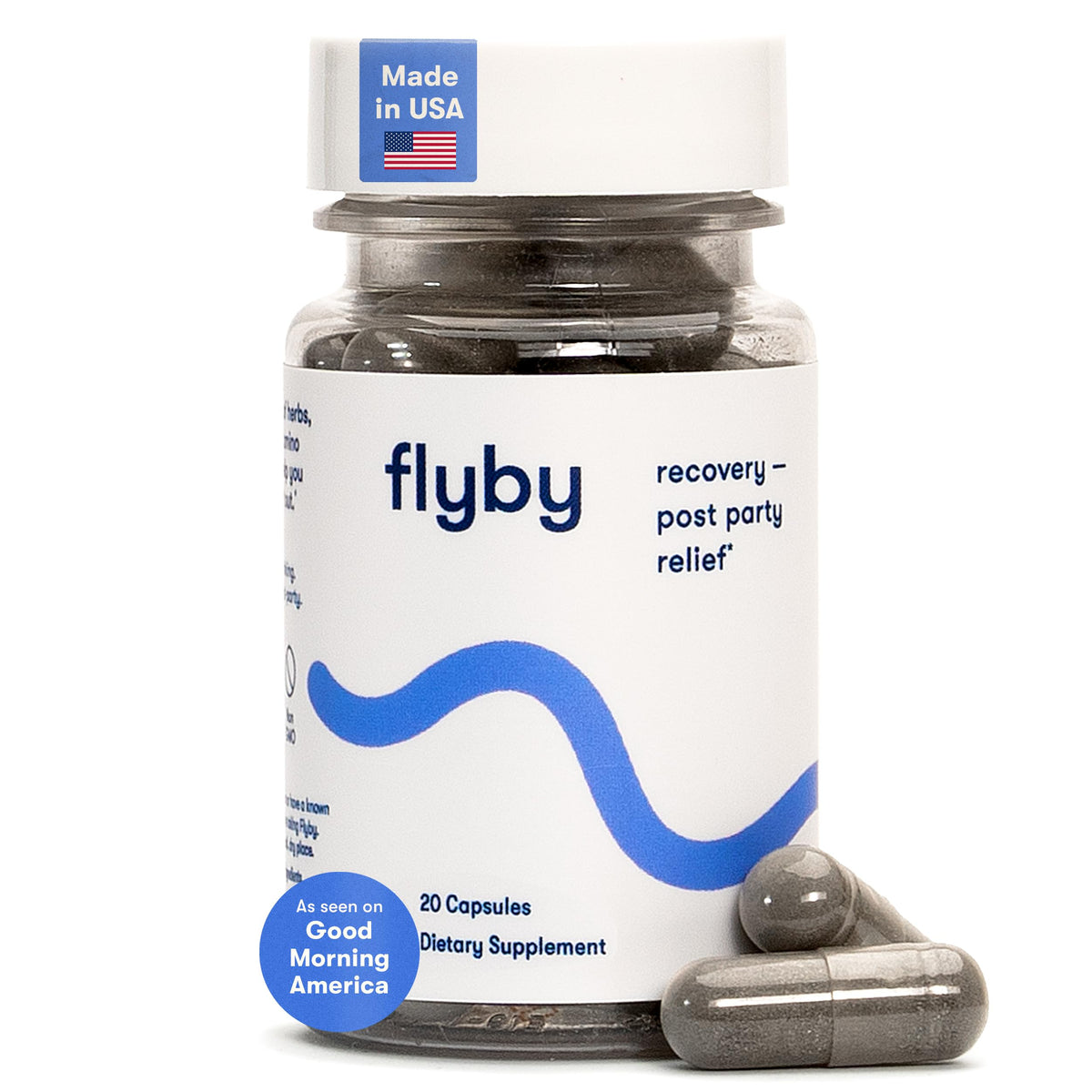 Flyby front packaging showing supplement bottle and branding, highlights travel readiness