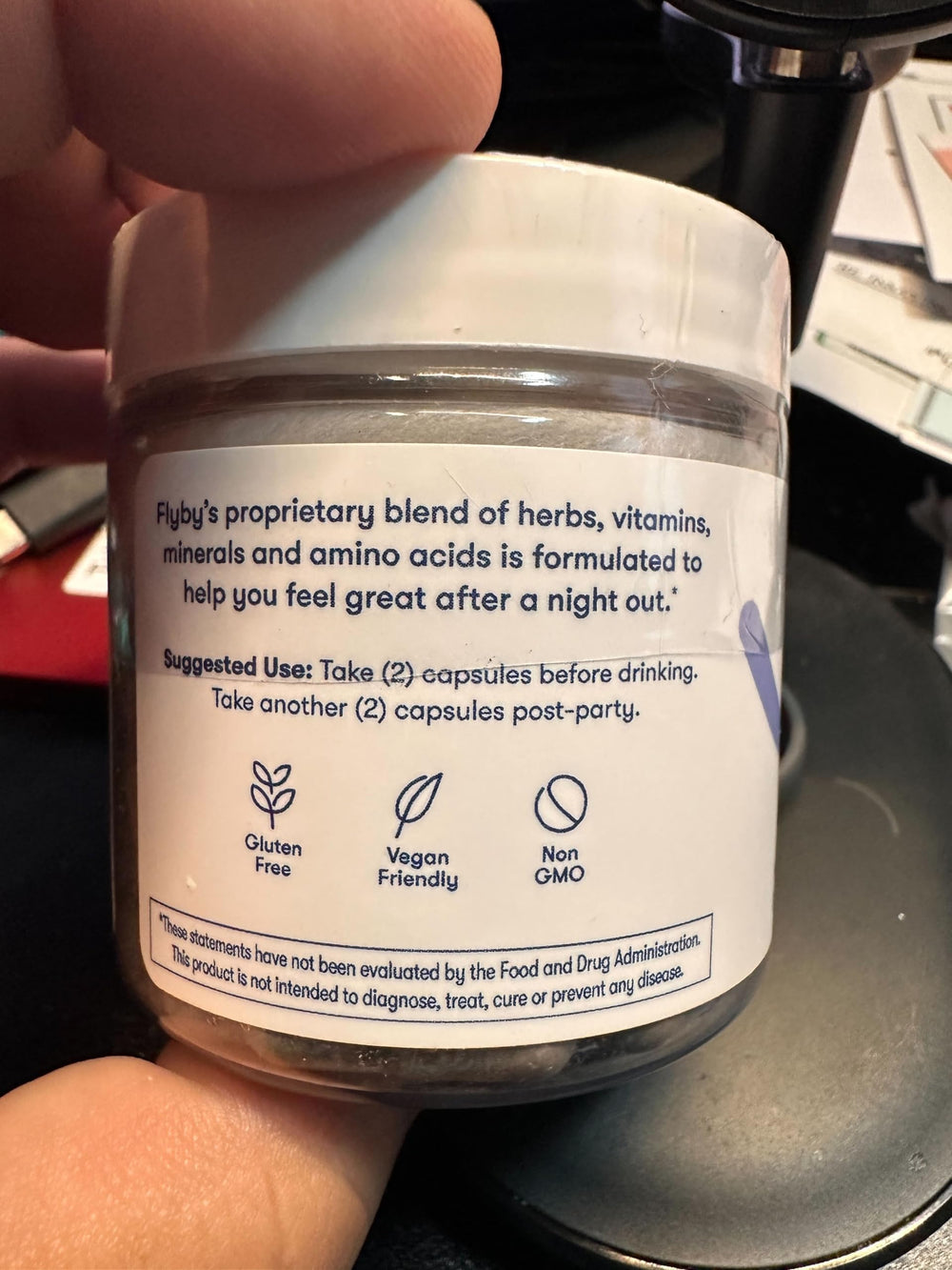 Flyby Recovery packaging close-up; USA-made label.