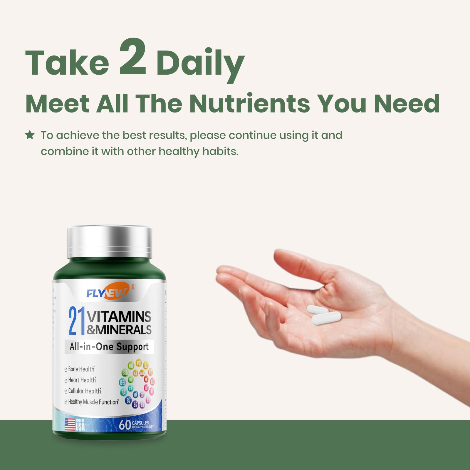 Flynew multivitamin bottle on counter ready-to-take daily supplement.