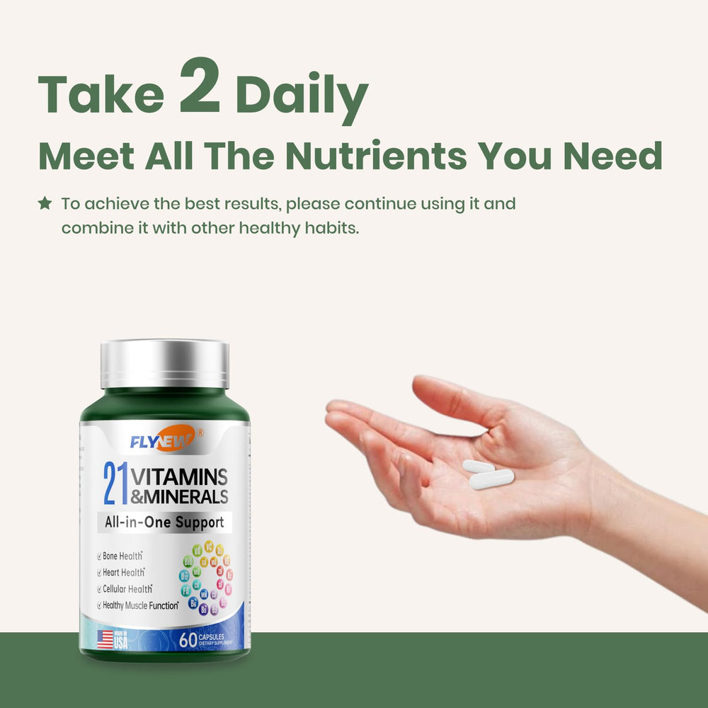 Flynew multivitamin bottle on counter ready-to-take daily supplement.