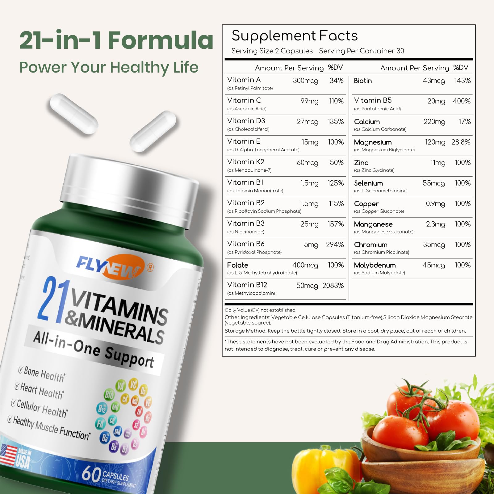 Flynew multivitamin bottle top showing secure lid for daily use.