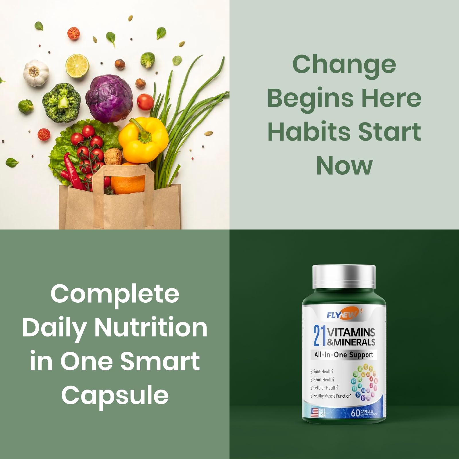Flynew multivitamin capsules close-up highlighting easy-to-swallow design.