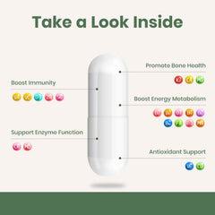 Flynew multivitamin label detail highlighting core nutrients for energy support.
