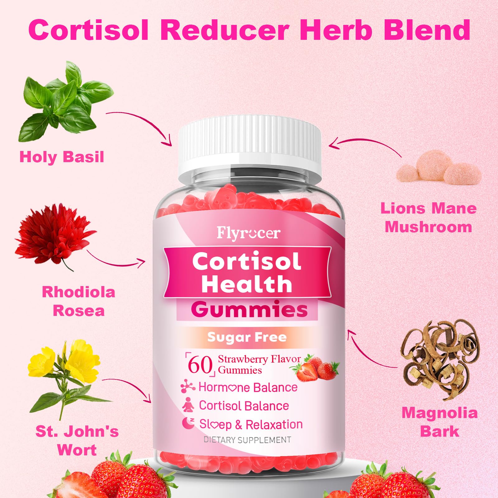 Flyrocer chamomile-magnolia-bark gummies close-up for evening relaxation.