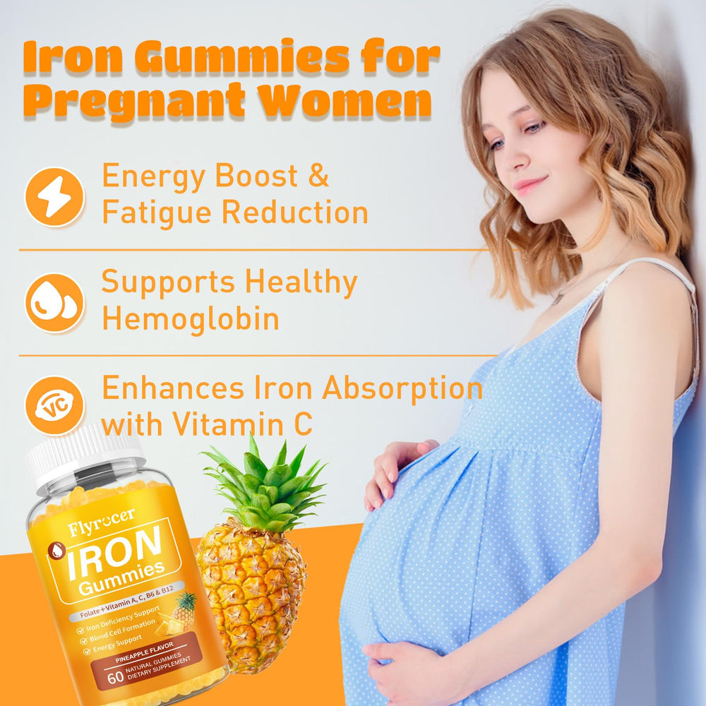 Flyrocer iron gummies pineapple flavor pour-ready pack for easy dosing.
