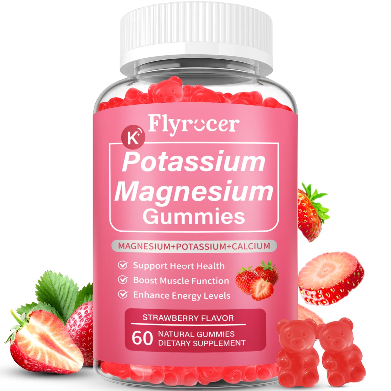Flyrocer Potassium Magnesium Gummies bottle-front with strawberry flavor for daily muscle support