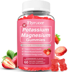 Flyrocer Potassium Magnesium Gummies bottle-front with strawberry flavor for daily muscle support