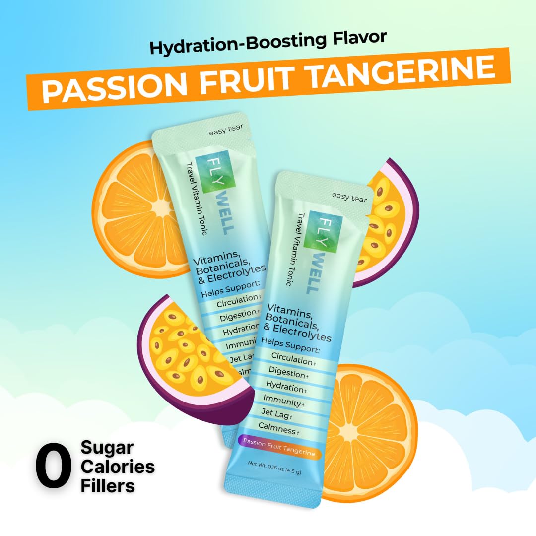 FlyWell Travel Vitamin Tonic carry-on packaging shows travel-friendly size