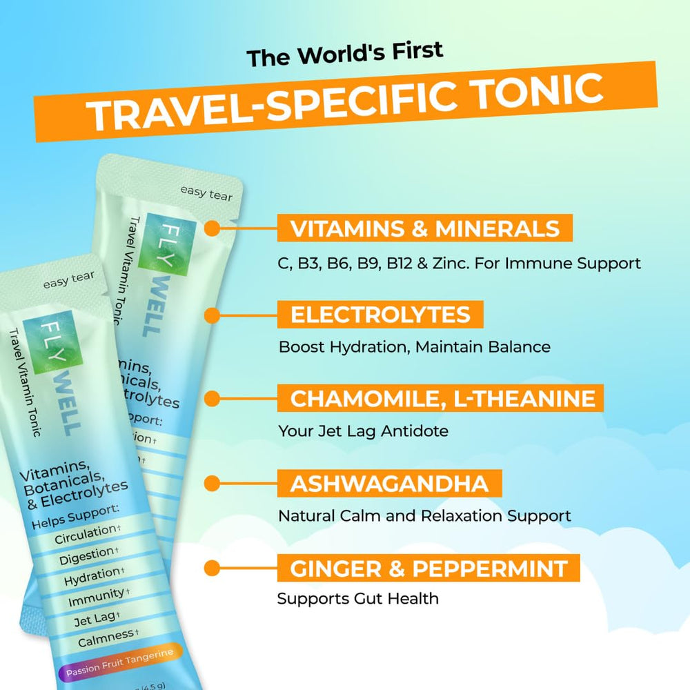FlyWell Travel Vitamin Tonic stick packet for on-the-go wellness
