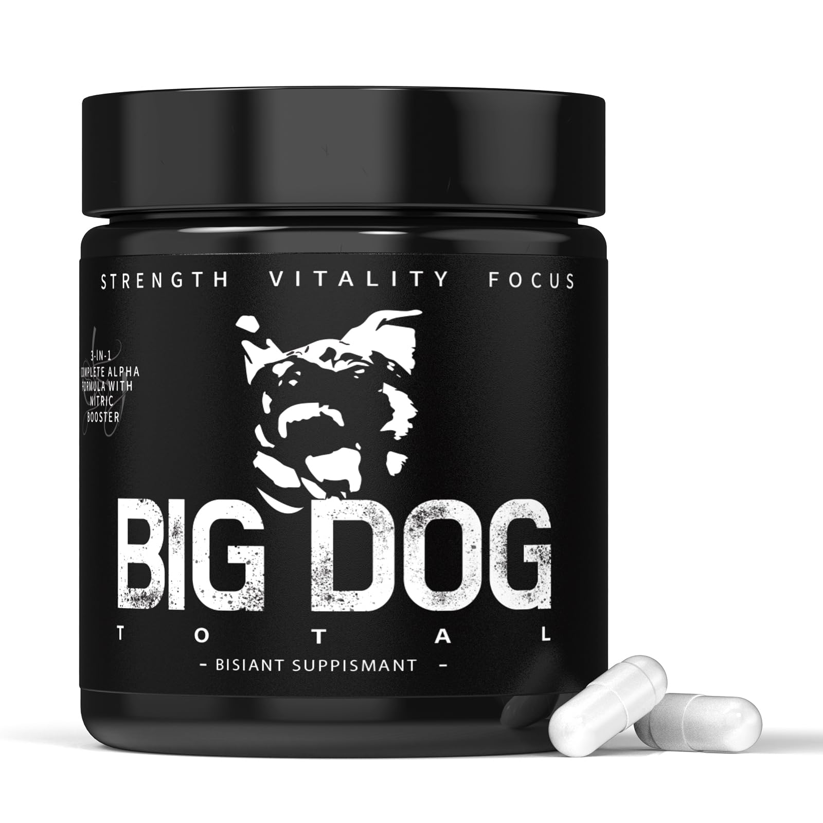 Big Dog Total Alpha bottle placed on a wooden desk for everyday use.