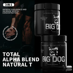 Closeup of Big Dog Total Alpha capsules highlighting non-GMO formula.
