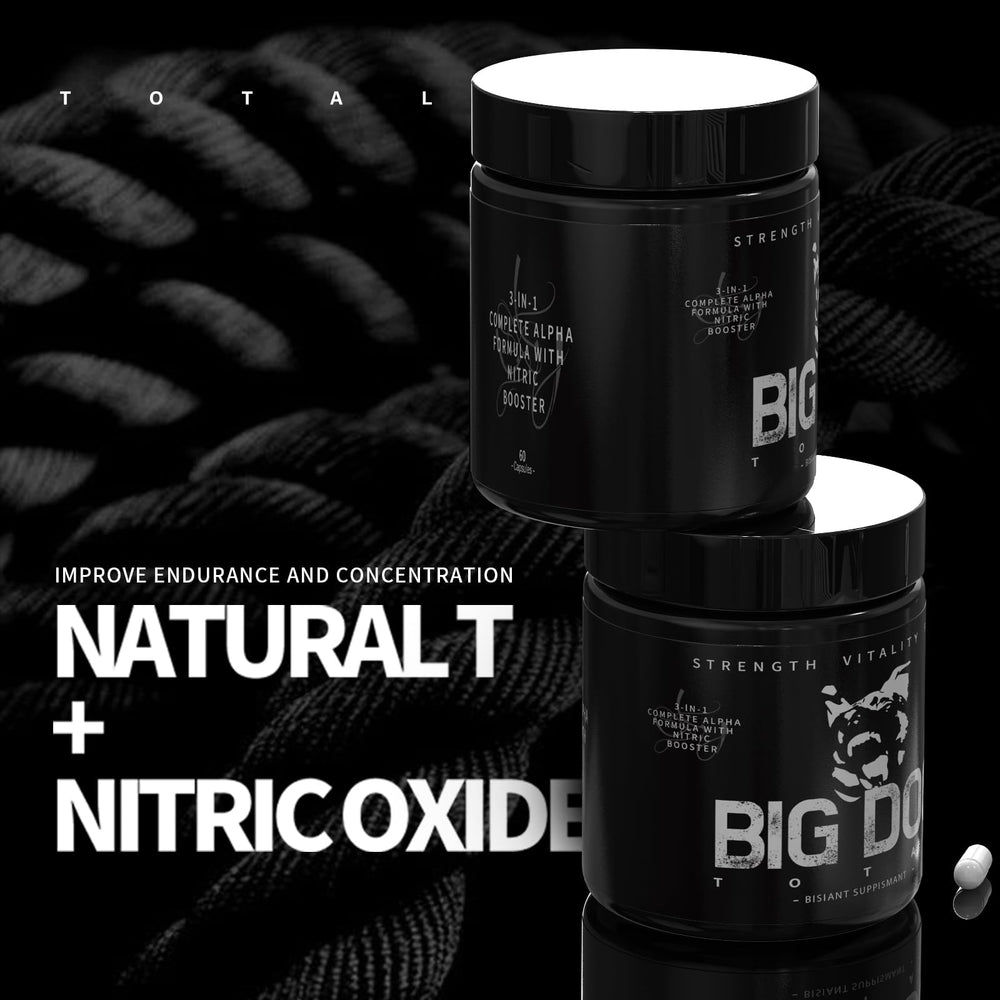 Packaged front view of Big Dog Total Alpha in secure bottle with clean design.