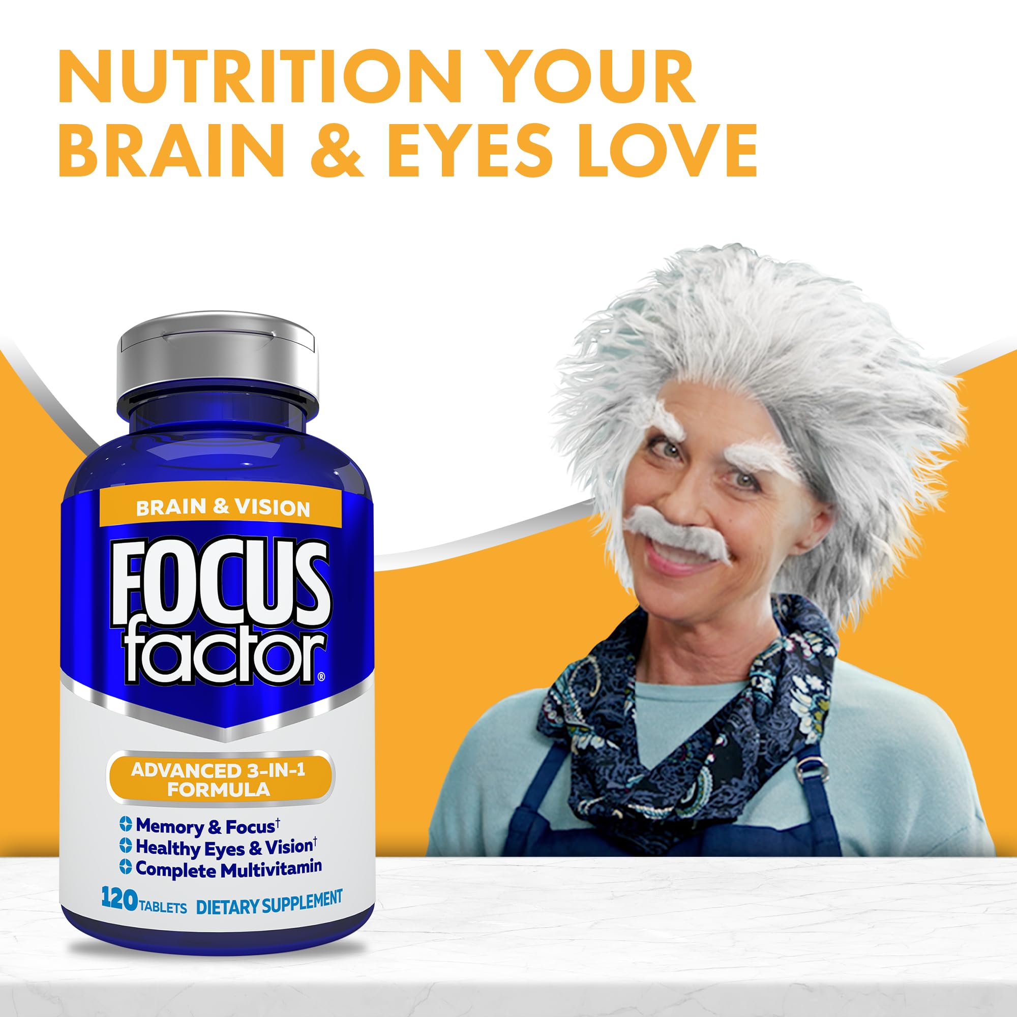 Bottle with brain and eye icons illustrating memory and vision benefits