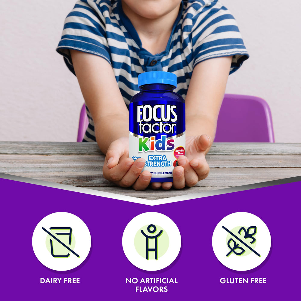 Focus Factor Kids berry chewables visually showcase flavor and use