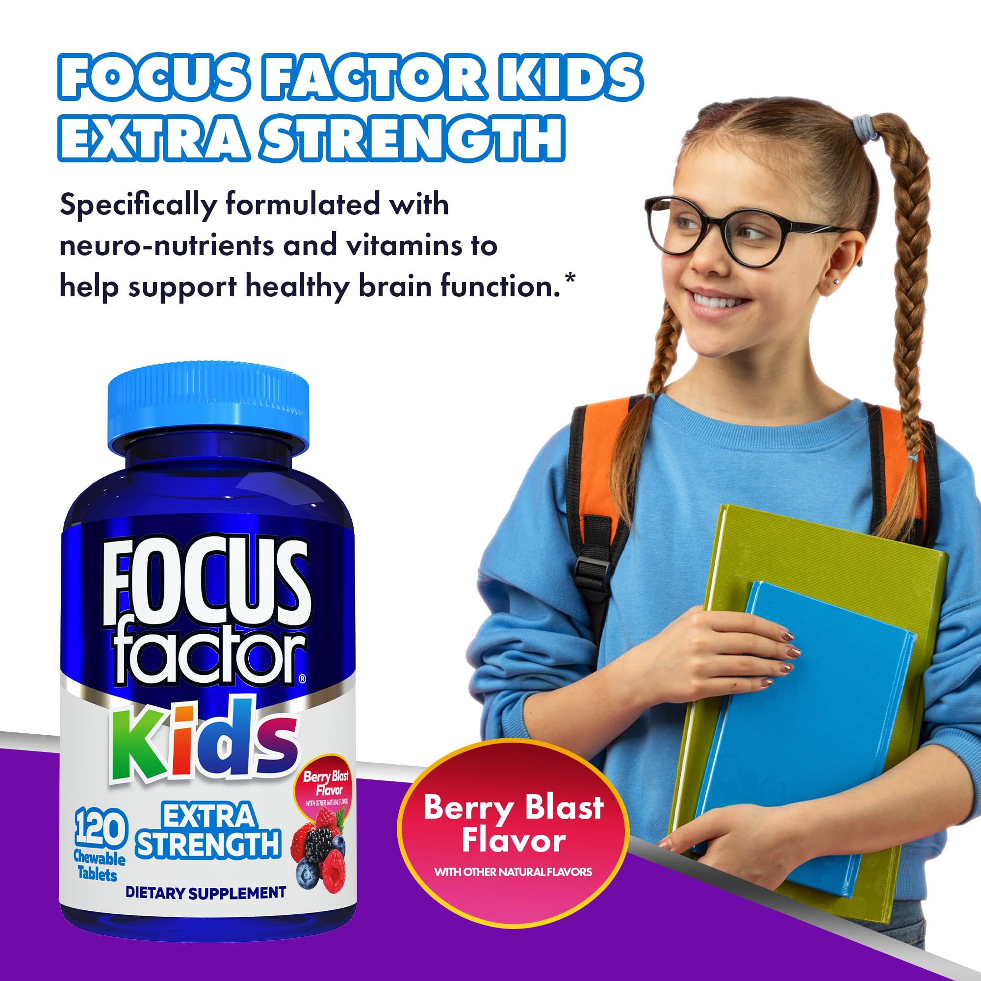 Focus Factor Kids bottle open with chews visible for daily use