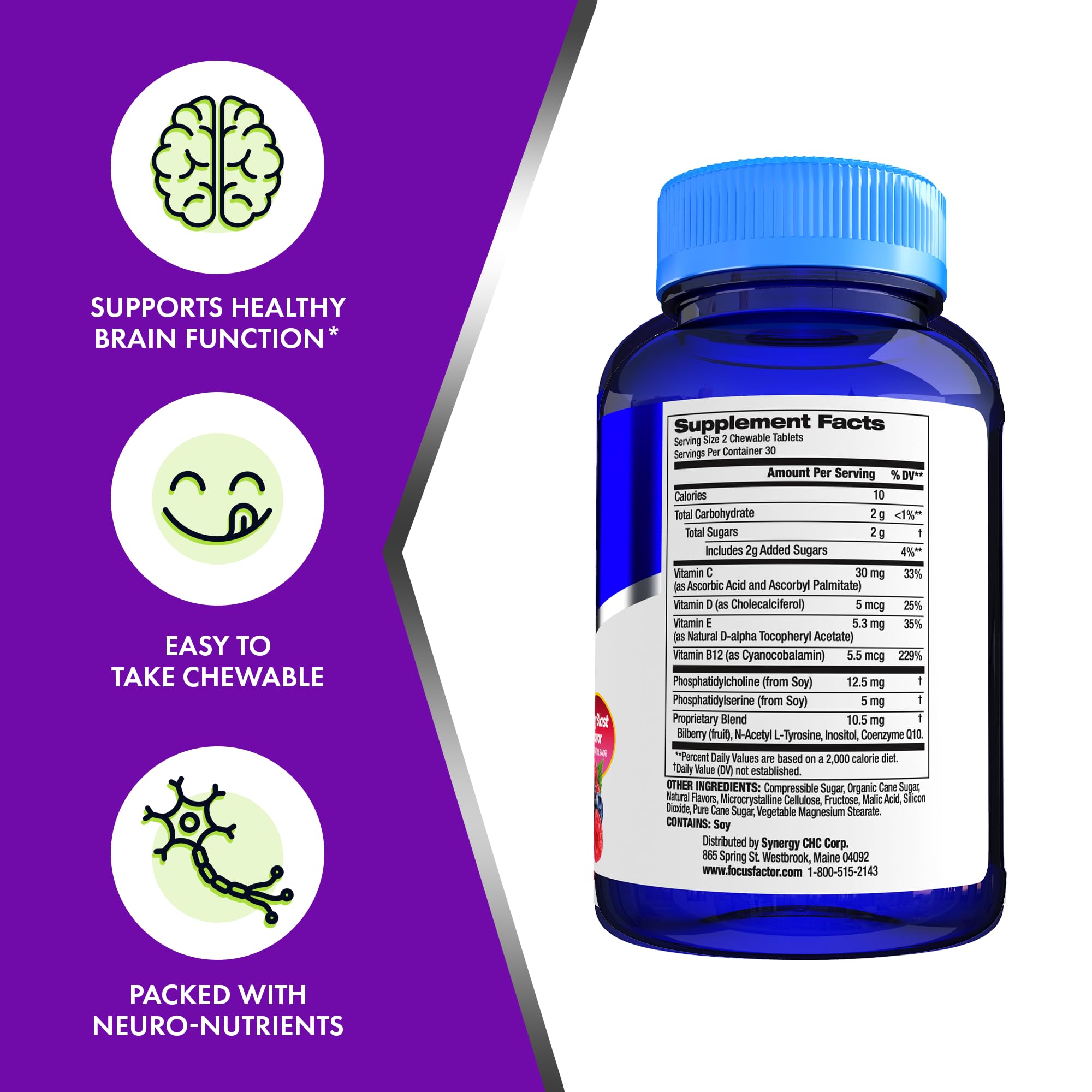 Focus Factor Kids chewables close-up texture emphasizes enjoyable berry chew.