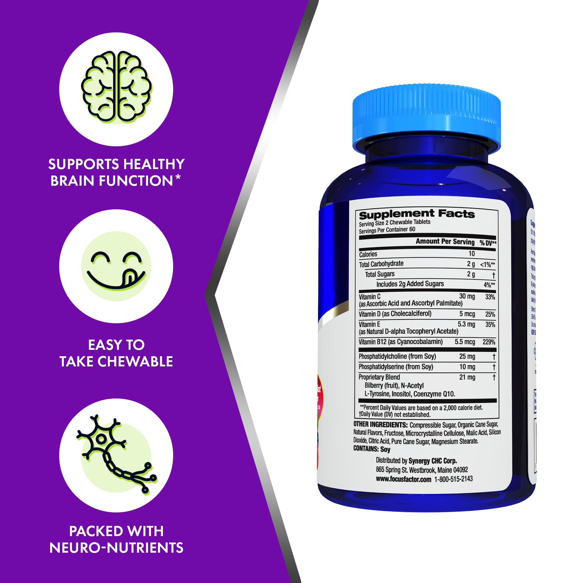 Focus Factor Kids berry chewables nutrition facts emphasize key vitamins