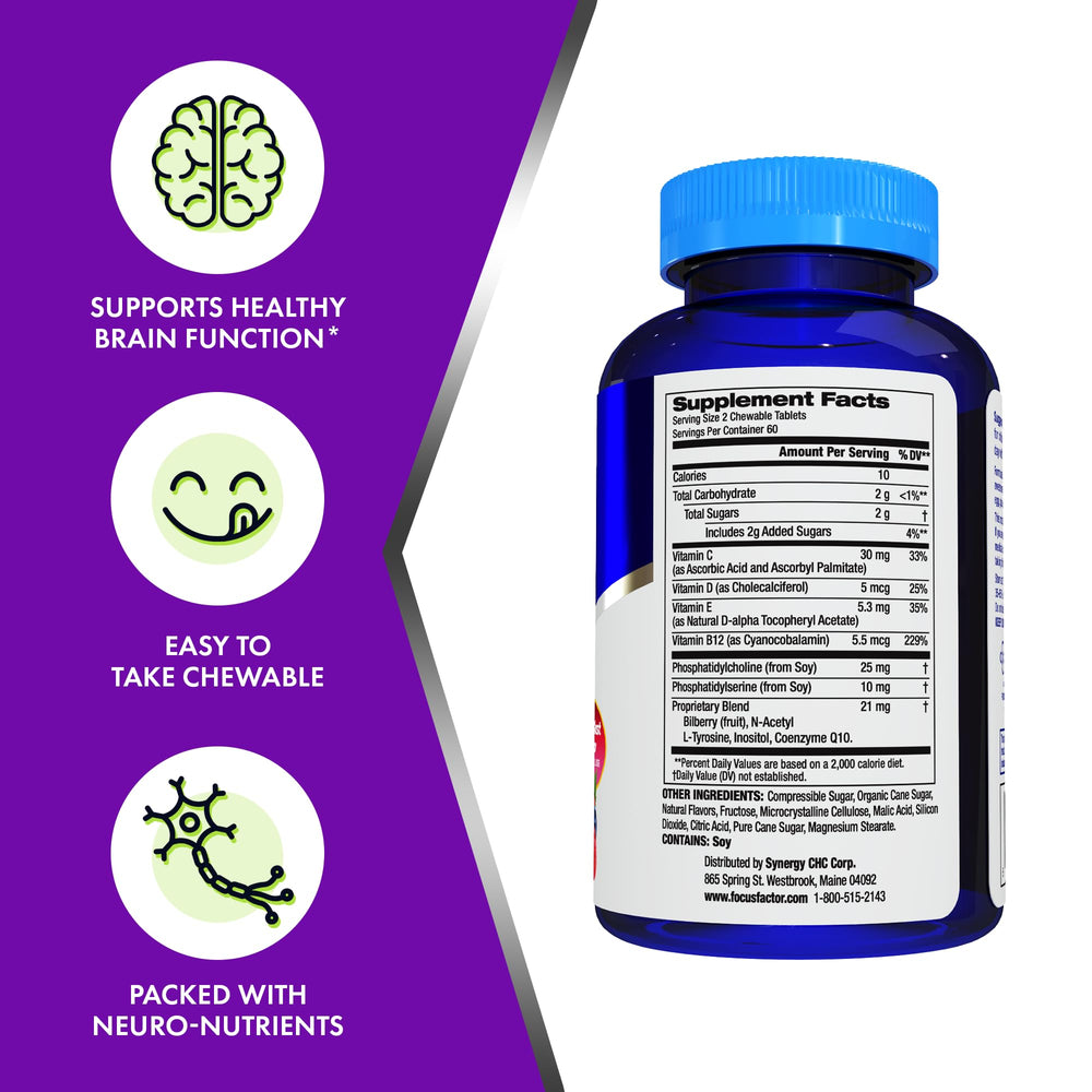 Focus Factor Kids berry chewables nutrition facts emphasize key vitamins