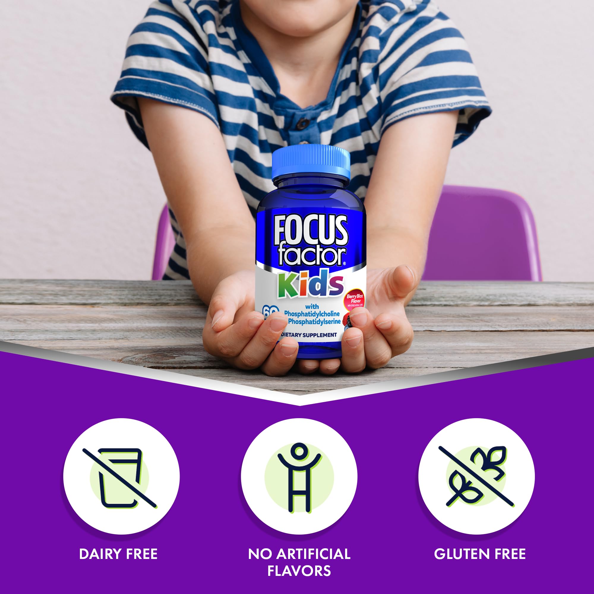 Focus Factor Kids daily-use pack demonstrates routine-friendly supplement.