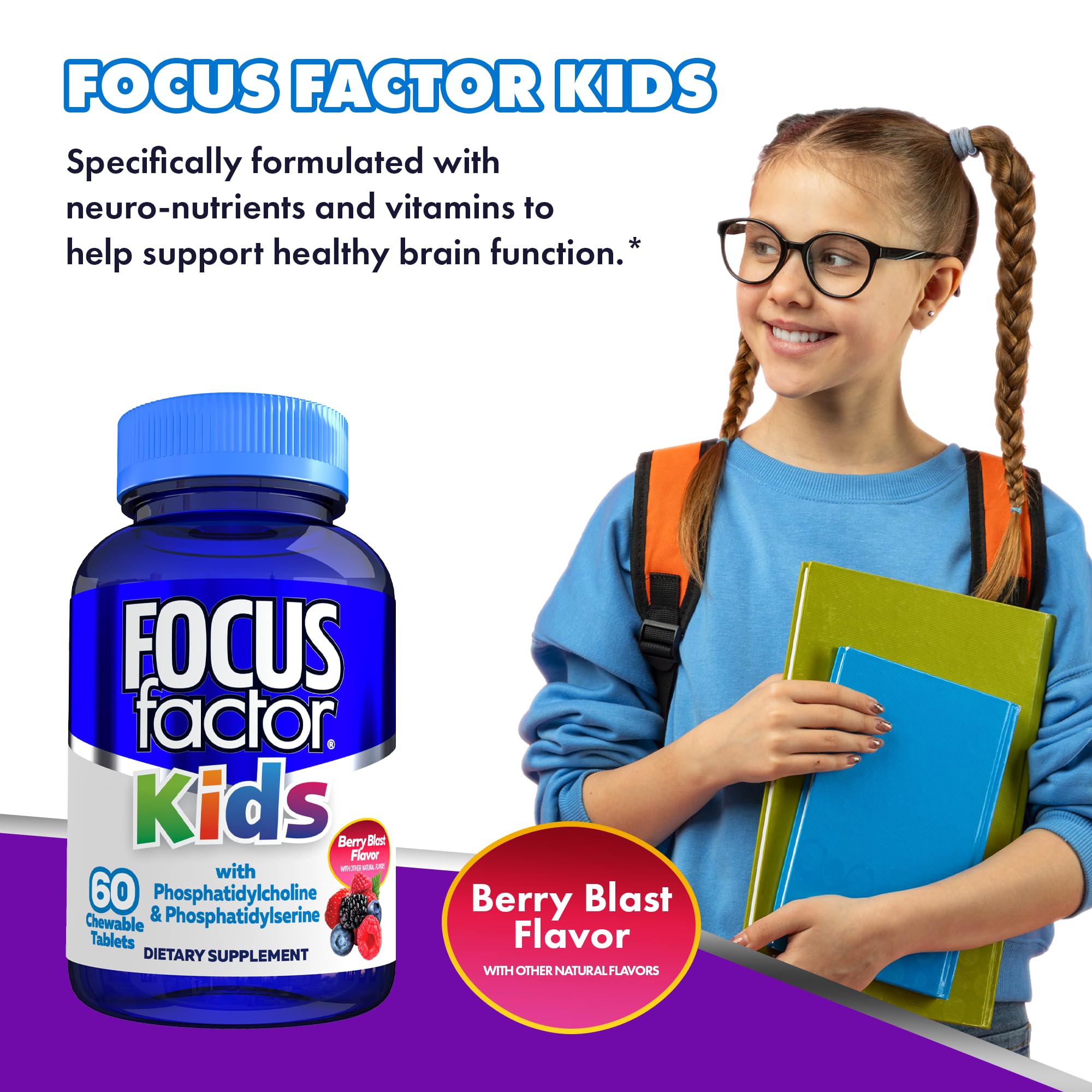 Focus Factor Kids made-in-USA badge signals quality and safety.