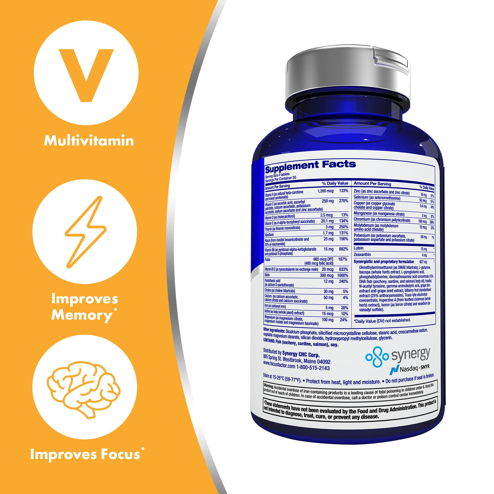 Label shows lutein and zeaxanthin per serving on Focus Factor package