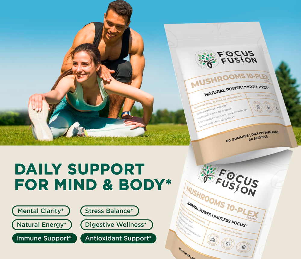 Focus Fusion 10-Plex ingredients panel highlights organic fruiting body mushrooms.